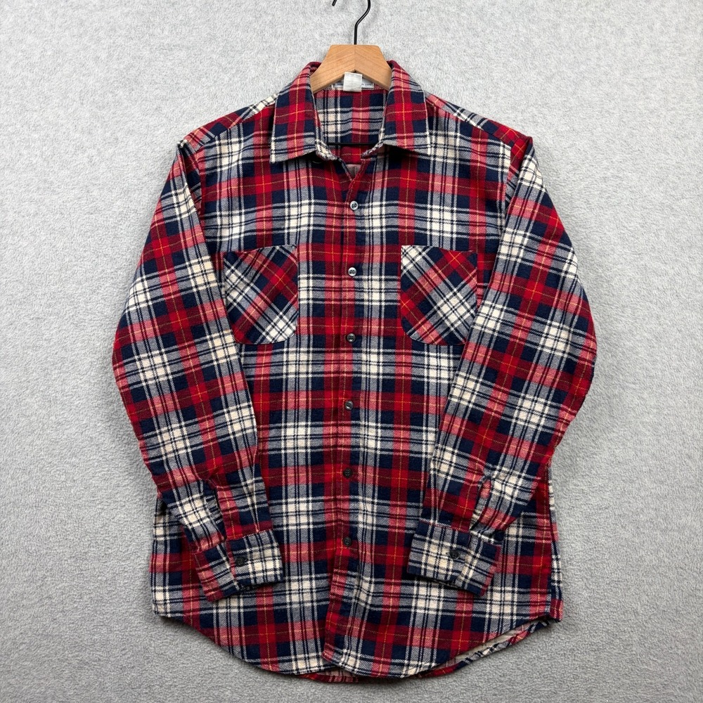 Vintage 70s Printed Flannel Shirt Mens Medium Red Blue Plaid Button Up Cotton